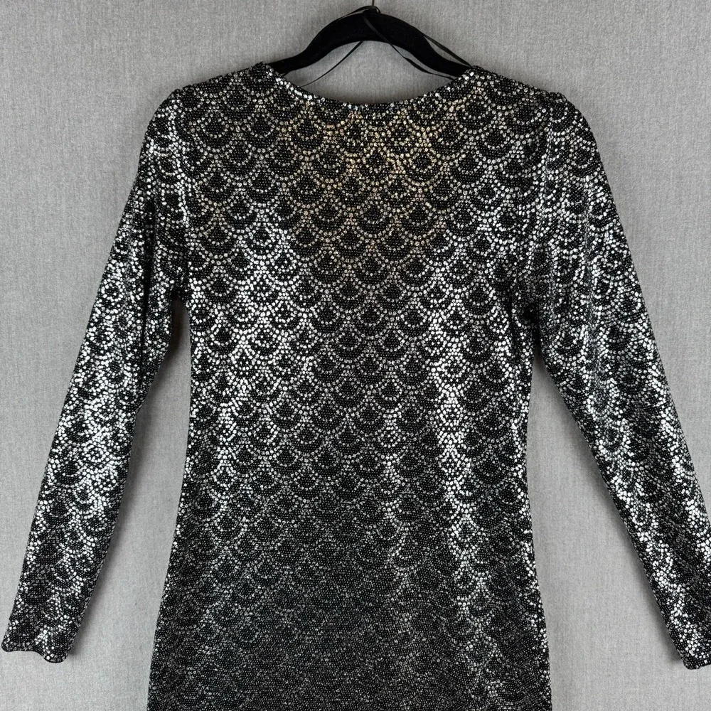 Michael Kors Black‎ Silver Scallop Glitter Lame Cowl Back Chain Dress Medium